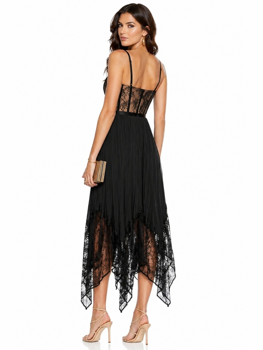 Black Lace-Trim Midi Dress with Handkerchief Hem - Picture 10 of 14